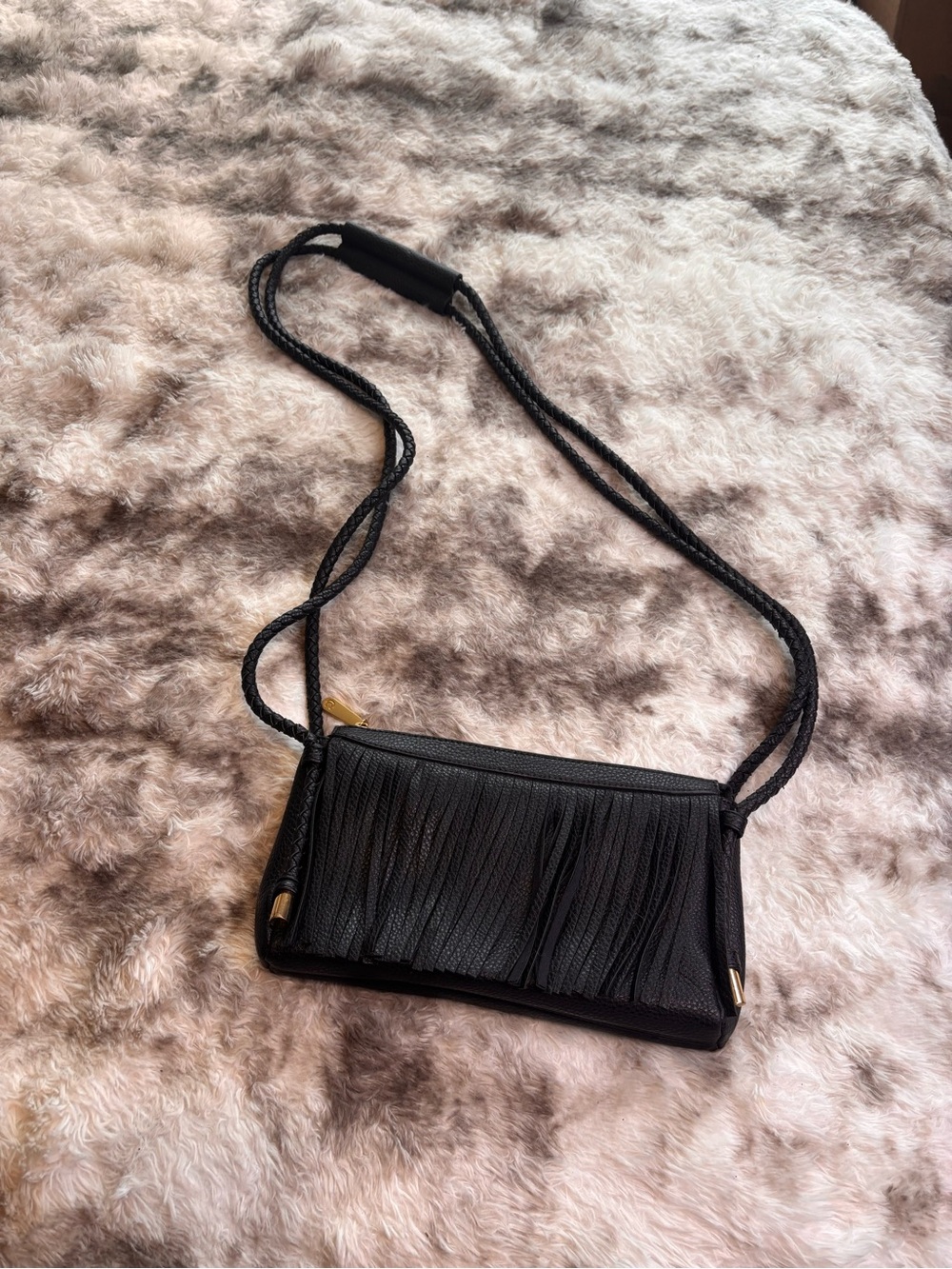 Chaps Black Fringe Crossbody Bag with Braided Strap